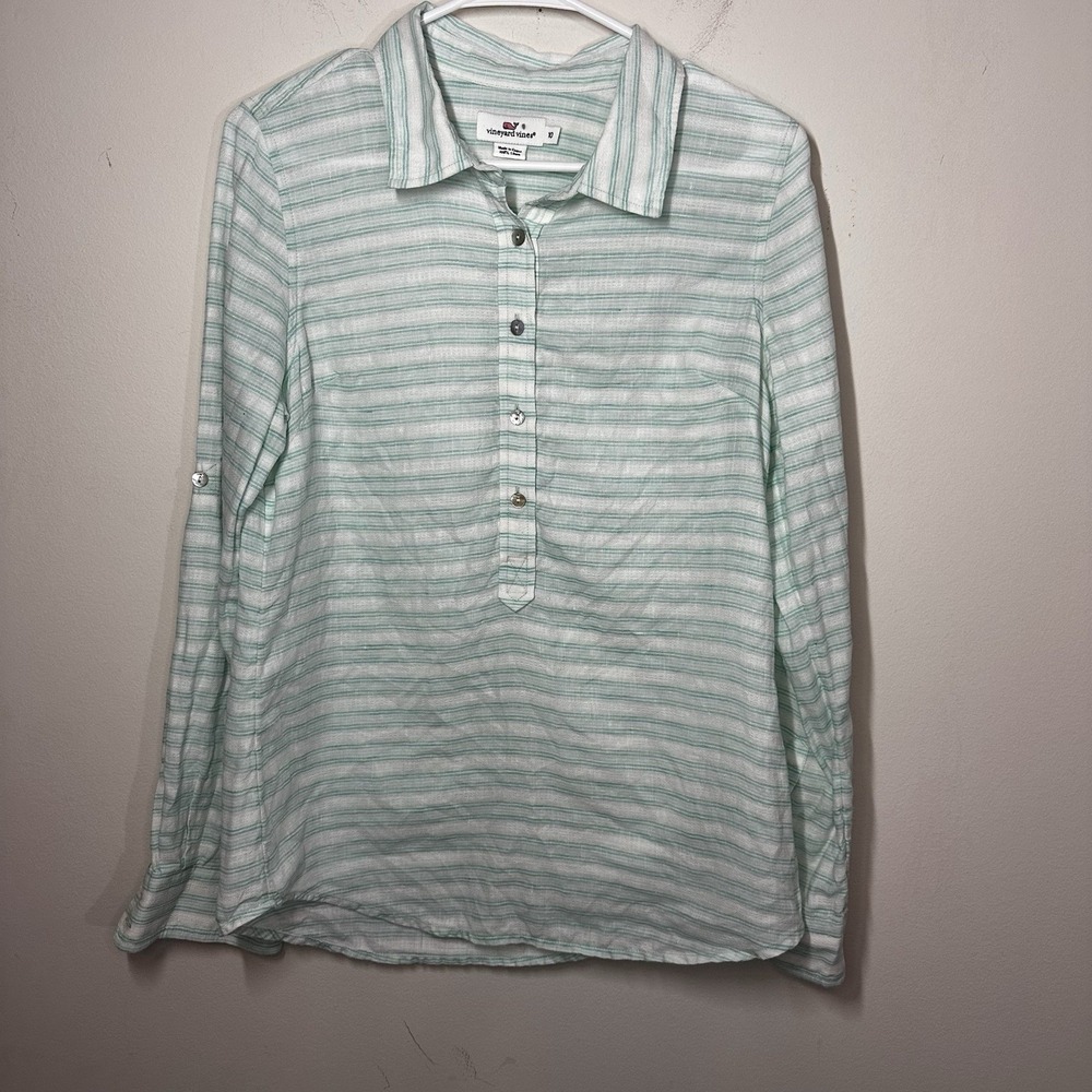 Vineyard Vines Shirt Women's‎ 10 Green Striped 100% Linen Roll Tab Top Blouse